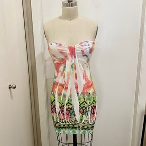 Sexy Strapless Padded Neon Tribal Mini Dress M